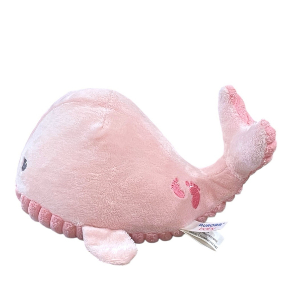 Aurora Baby Pink Whale Plush Rattle Toy Crinkle Fins Embroidered Footprints 9” - Picture 1 of 13